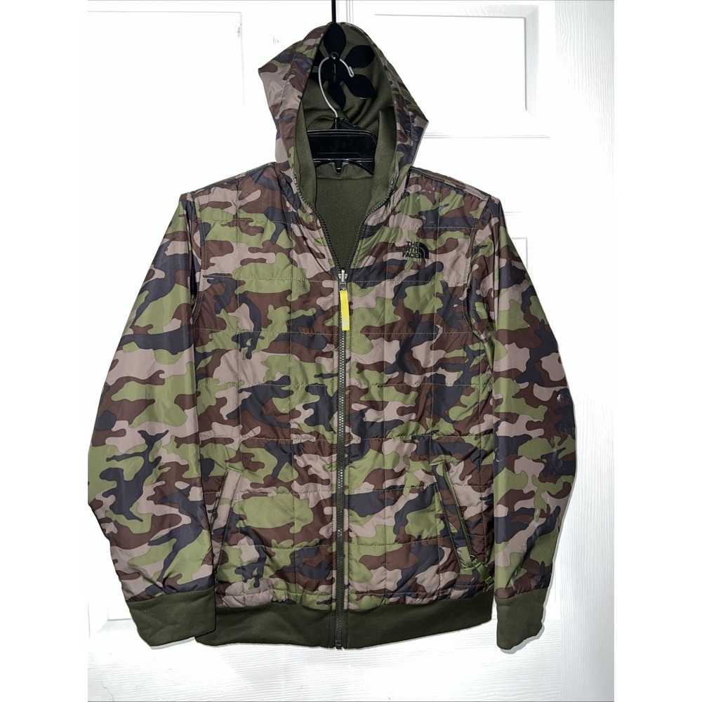 The North Face Jacket Boys L 14/16 Green Rev Camo Hooded Puffer Winter Jacket